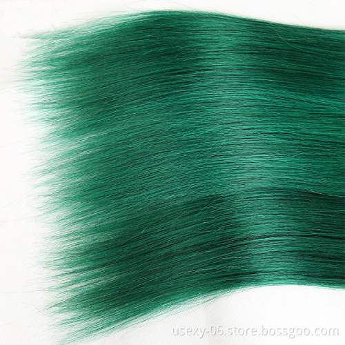 Pre-Colored Hair Bundles With Closure Straight Dark Root Turquoise Green Virgin Brazilian Ombre Human Hair Weave